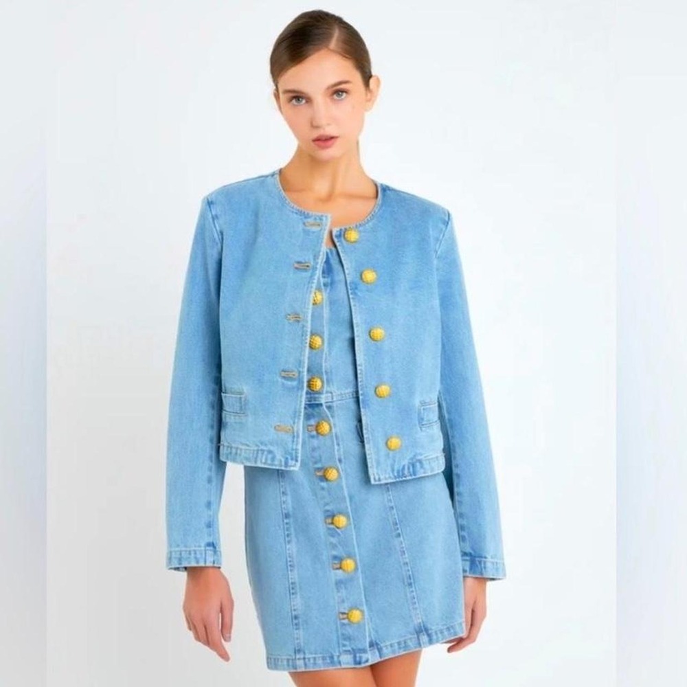 English Factory Anthropologie blue denim crop jacket w/ gold buttons Sz S